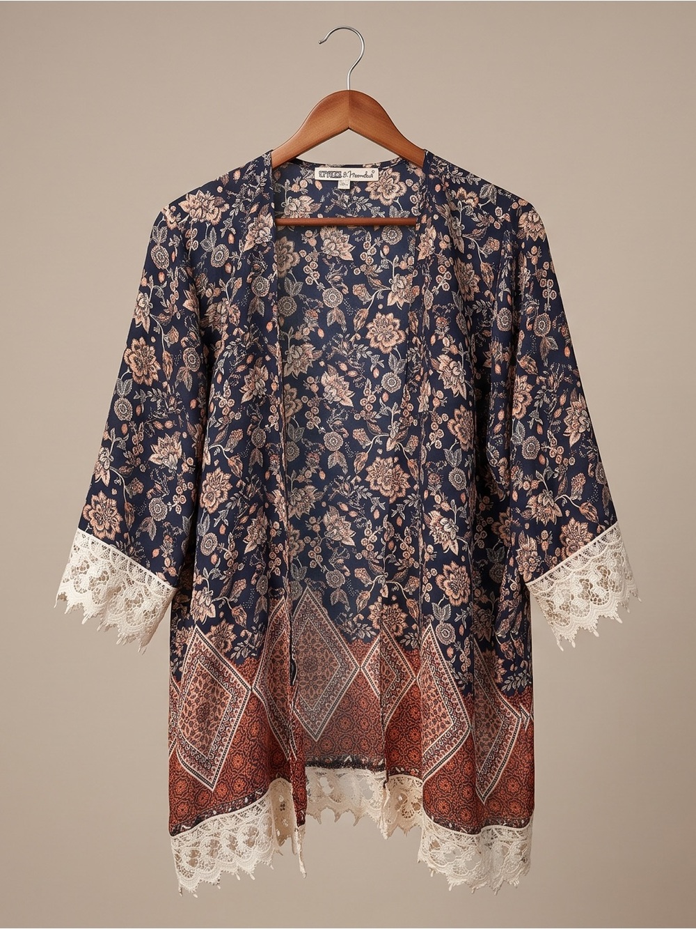 Gypsies & Moondust Boho Floral Crochet Border Open Front Cardigan Kimono NWOT